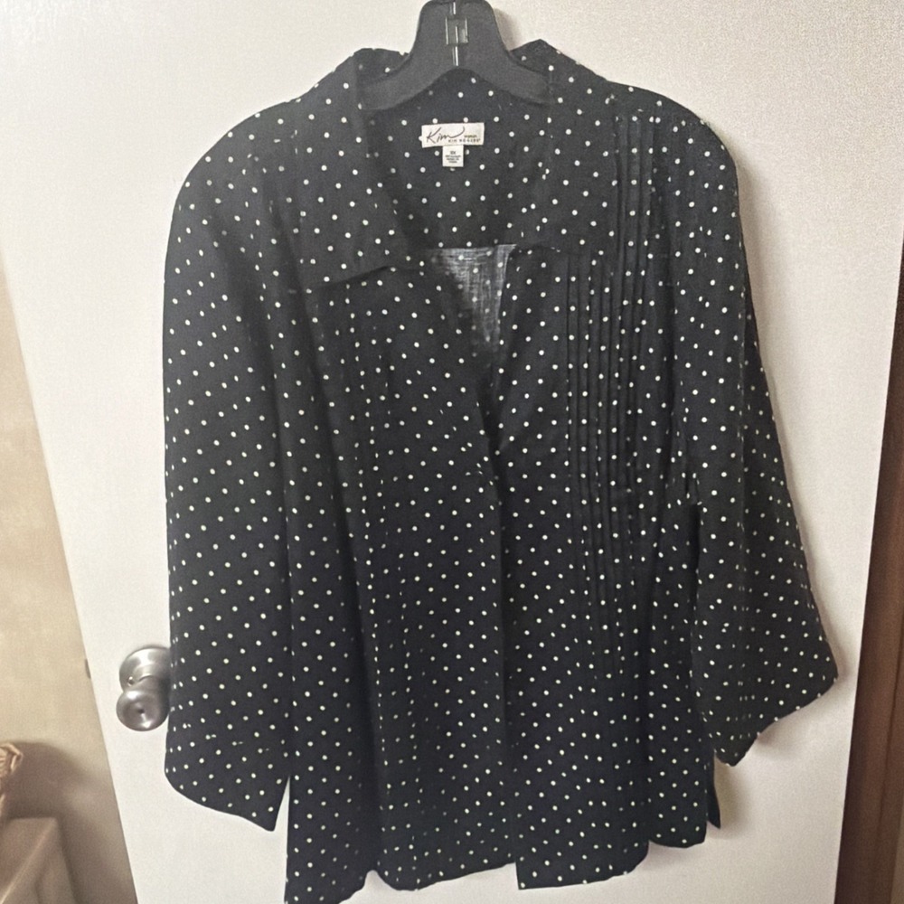 Kim Rogers Button Up Shirt 3X Black Polka Dot Linen Pintuck Blouse 3/4 Sleeve